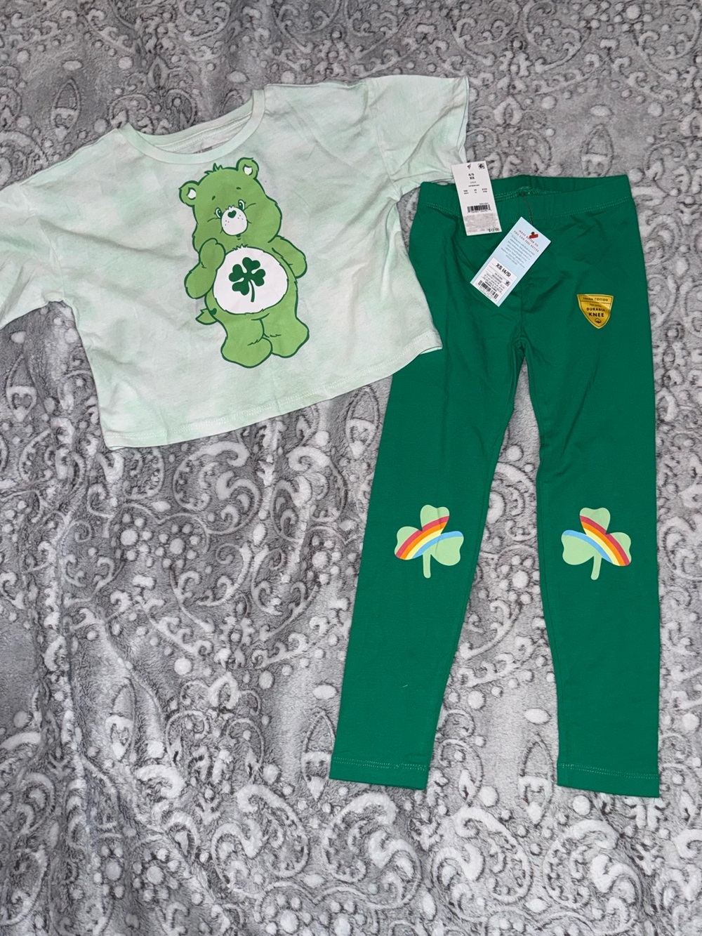 Girls Care Bears Good Luck Bear Shirt & Green Leggings Set 4/5 NWT